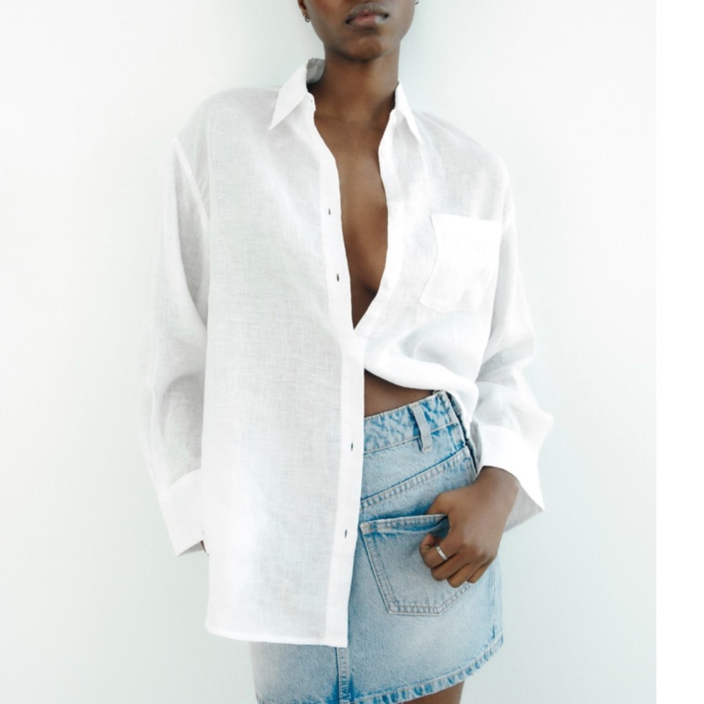 Zara White Open Back Linen Button Down Shirt
